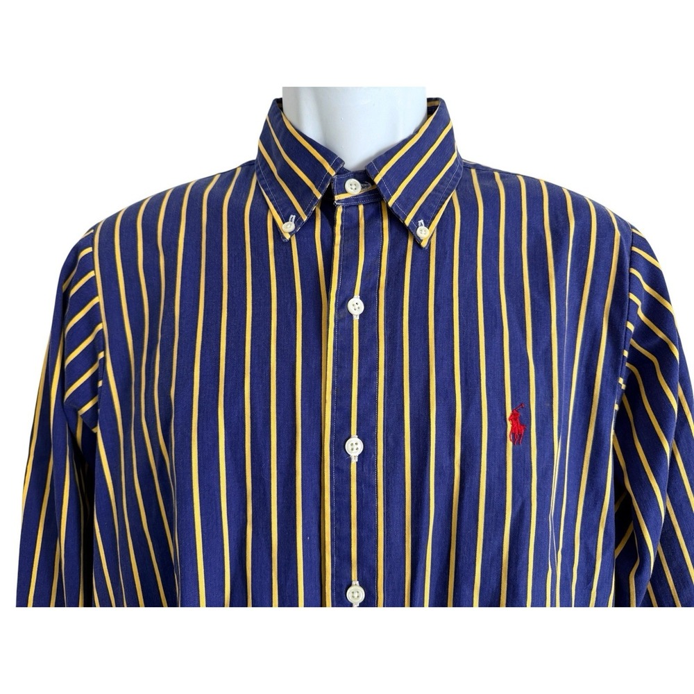 Ralph Lauren Men Shirt L Oxford Shirt Blue Yellow Striped Button Red Pony - Picture 5 of 8